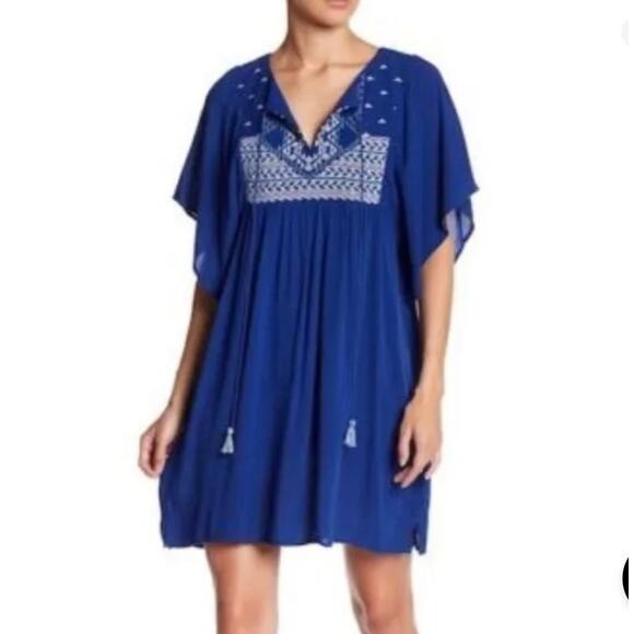 LOVESTITCH Flutter Sleeve Boho Mini Dress Tassel Tie Front Royal Blue Size Small - Picture 1 of 7